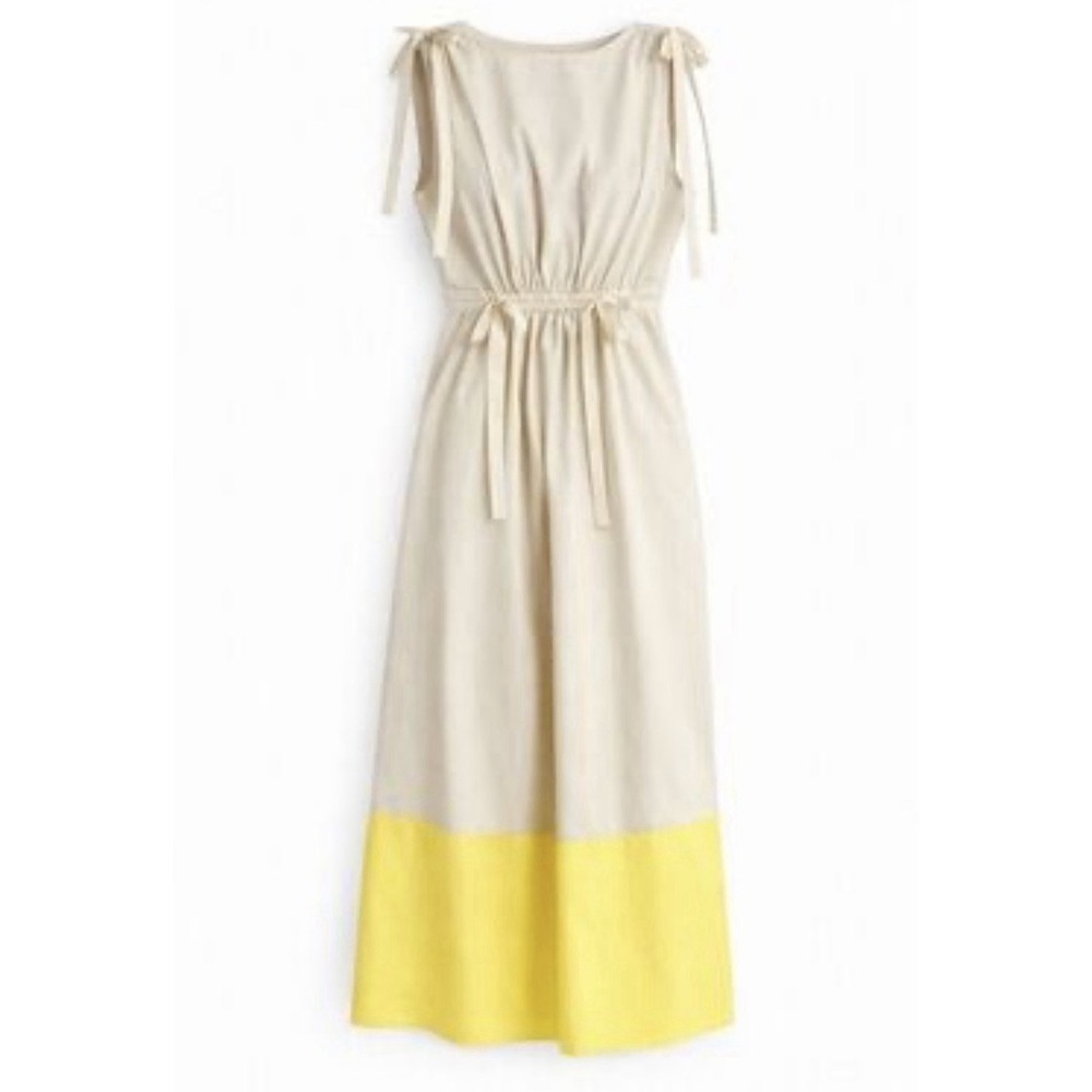Goop G Label Elisa Khaki Yellow Colorblock Midi Sleeveless Dress Boat Neck 4